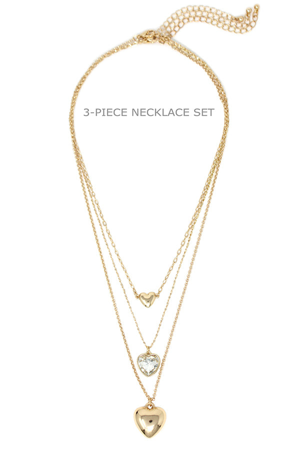 PUFFY HEART PENDANT 3 PIECE NECKLACE SET