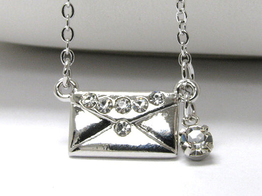 MADE IN KOREA WHITEGOLD PLATING CRYSTAL STUD POSTCARD PENDANT NECKLACE