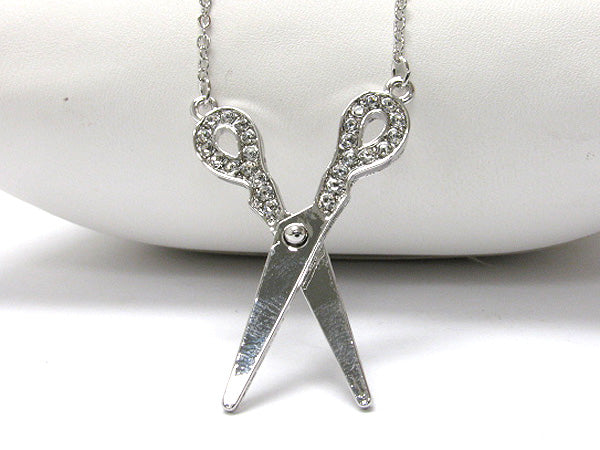 MADE IN KOREA WHITEGOLD PLATING CRYSTAL STUD SCISSORS PENDANT NECKLACE