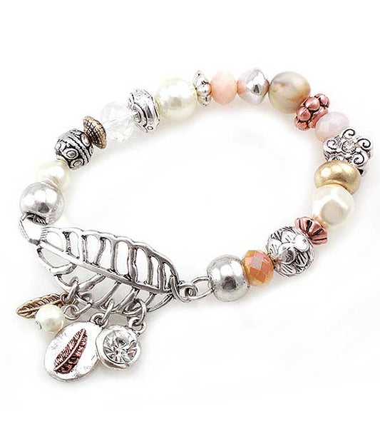 MULTI BEAD MIX STRETCH BRACELET - LEAVES