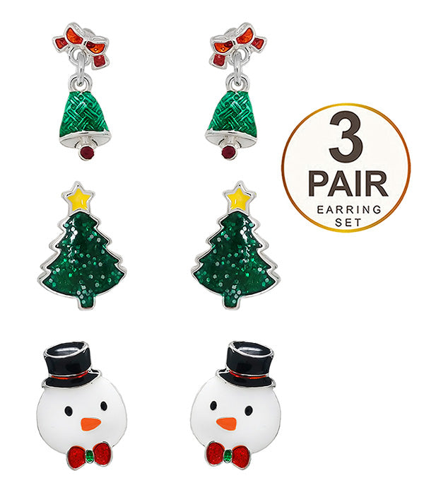 CHRISTMAS THEME 3 PAIR EARRING SET - SNOWMAN