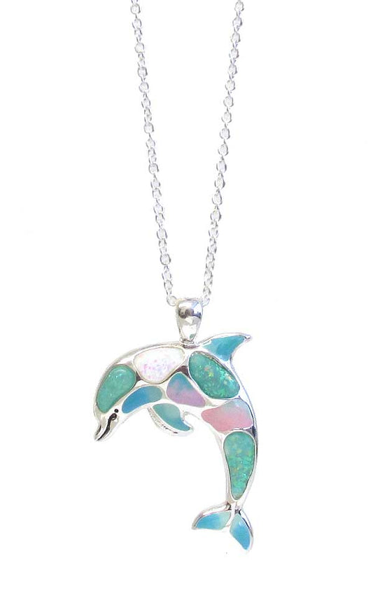 SEALIFE THEME MIX OPAL PENDANT NECKLACE - DOLPHIN SEAGLASS sea glass