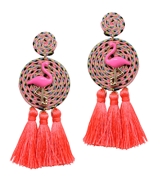 THREAD DISC FLAMINGO AND TASSEL DROP EARRING