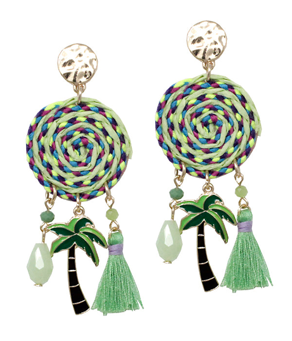 THREAD DISC AND PALM TREE TASSEL DROP EARRING