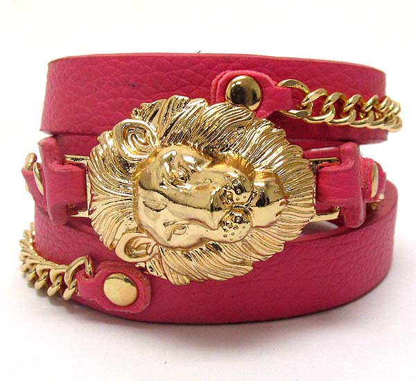 MULTI RIHANNA STYLE METAL TEXTURED LION HEAD AND METAL CHAIN LEATHERETTE WRAP BRACELET