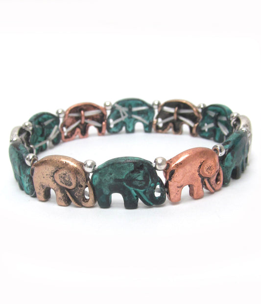 VINTAGE RUSTIC  METAL ELEPHANTS STRETCH BRACELET