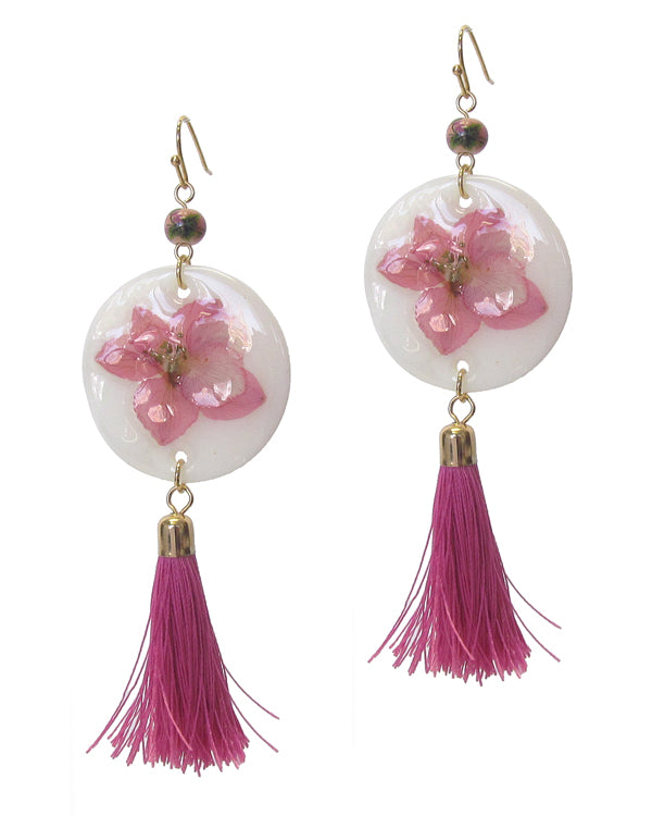 FLOWER ON SHELL DISC AND TASSEL DROP EARRING