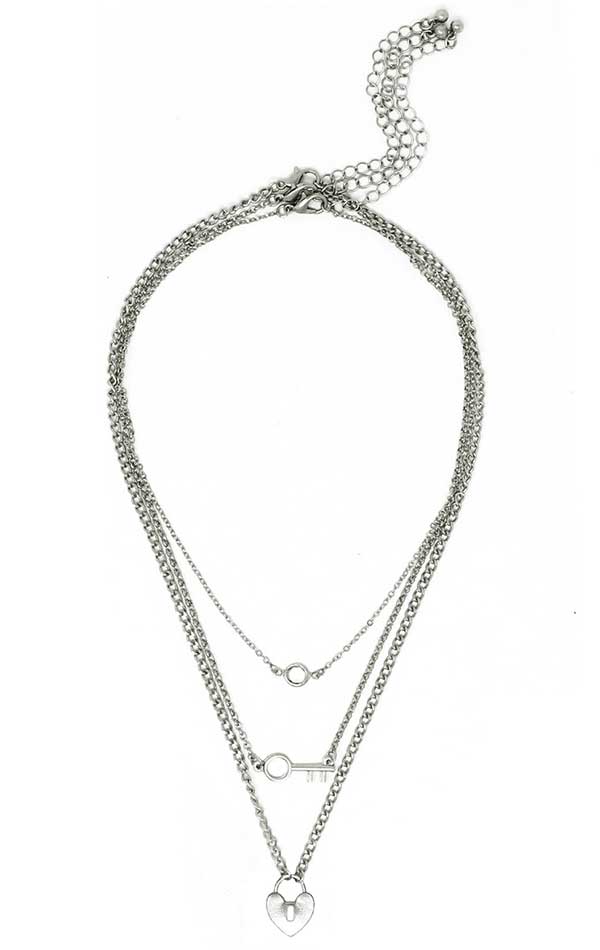 HEART LOCK AND KEY PENDANT TRIPLE NECKLACE SET