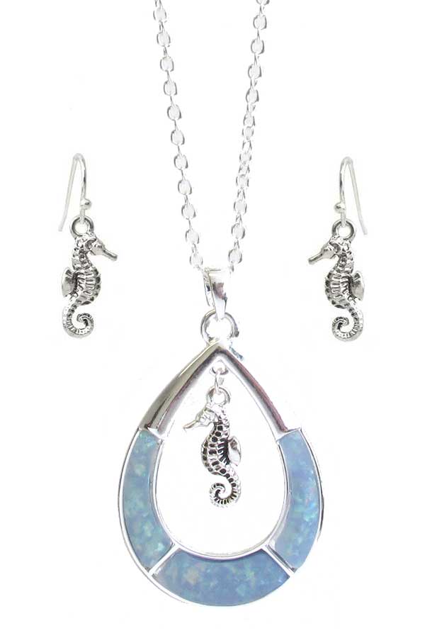 SEALIFE THEME SEAGLASS TEARDROP RING PENDANT NECKLACE SET - SEA HORSE sea glass