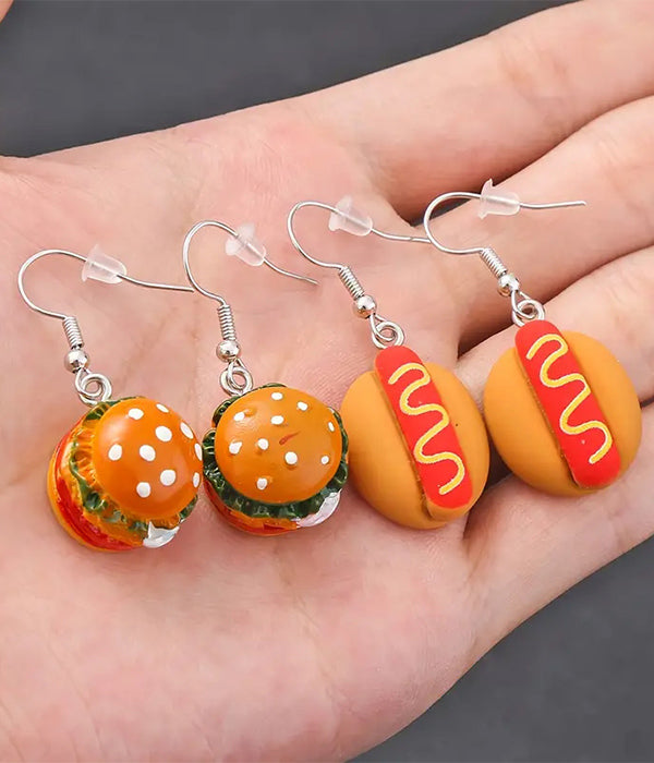 FOOD THEME 2 PAIR MIX EARRING SET - HOTDOG BURGER