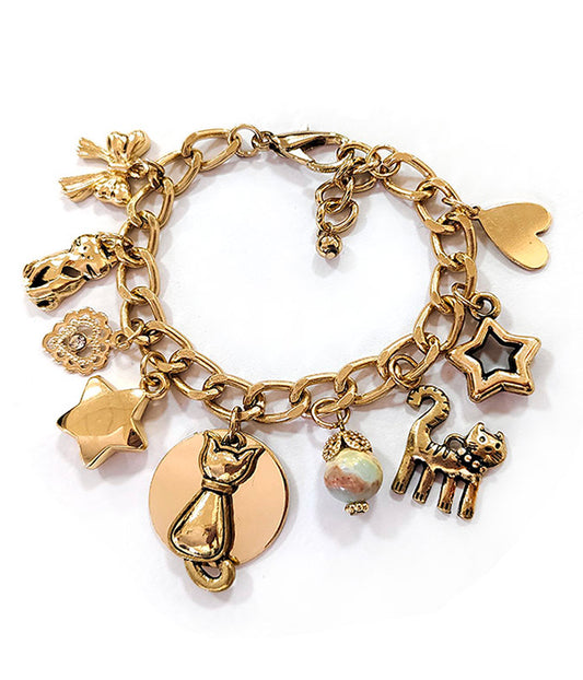 MULTI VINTAGE CHARM CHAIN BRACELET - CAT STAR