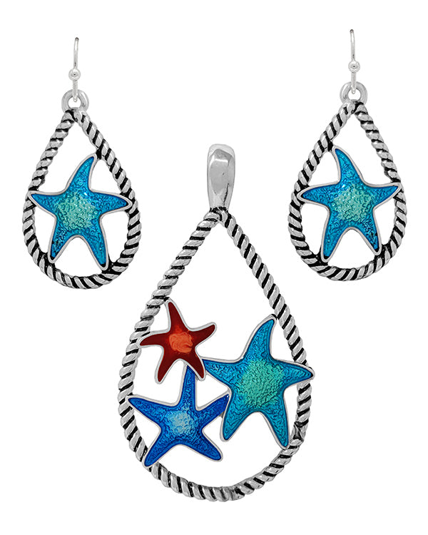 SEALIFE THEME ROPE TEXTURED TEARDROP PENDANT AND EARRING SET - STARFISH