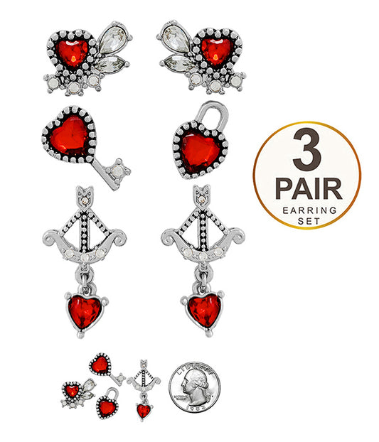 VALENTINE THEME MULTI HEART 3 PAIR EARRING SET