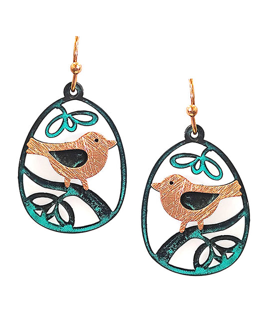 SCRATCH METAL PATINA BIRD AND FLOWER EARRING - BRASS METAL