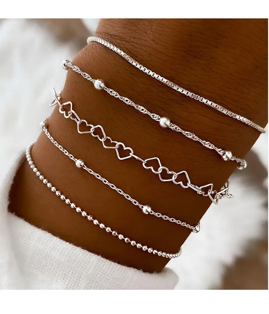 MULTI CHAIN 5 BRACELET SET - HEART