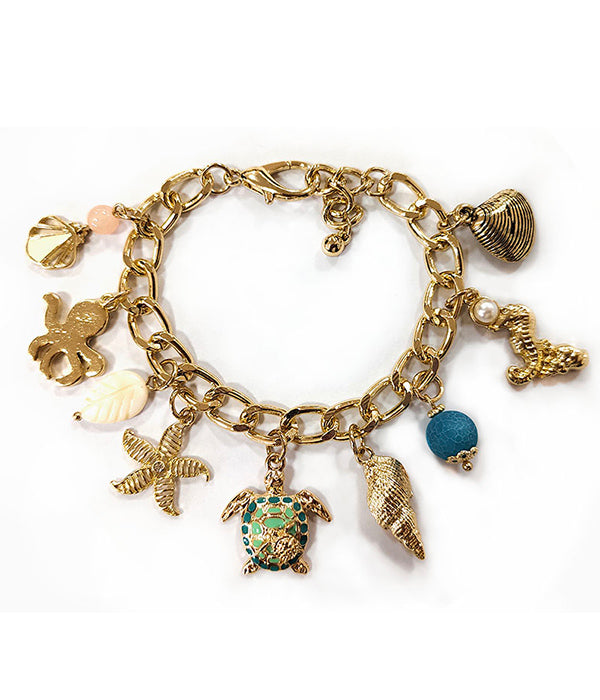 MULTI VINTAGE CHARM CHAIN BRACELET - TURTLE STARFISH OCTOPUS