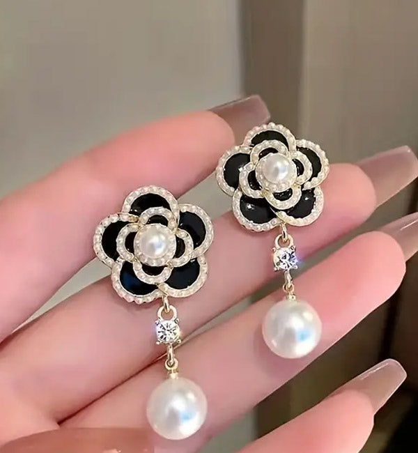 Elegant Black Flower Earrings with Pearl Drops