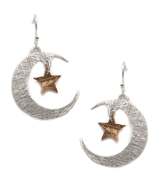 SCRATCH METAL STAR AND MOON EARRING - BRASS METAL