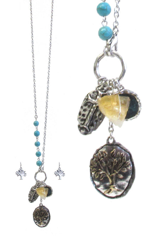 RELIGIOUS THEME MULI CHARM PENDANT LONG NECKLACE SET - TREE OF LIFE