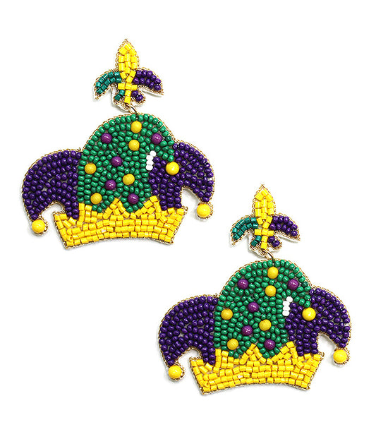 HANDMADE MULTI SEEDBEAD MARDI GRAS THEME EARRING - HAT