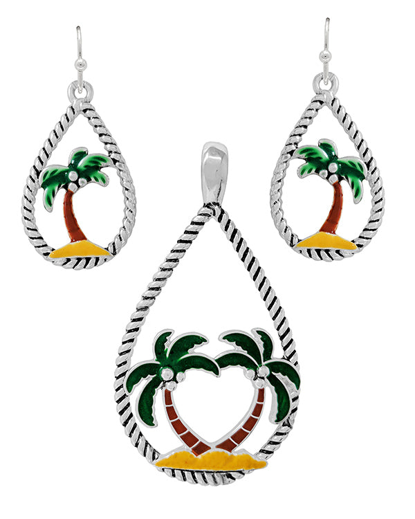 TROPICAL THEME ROPE TEXTURED TEARDROP PENDANT AND EARRING SET - PALM TREE