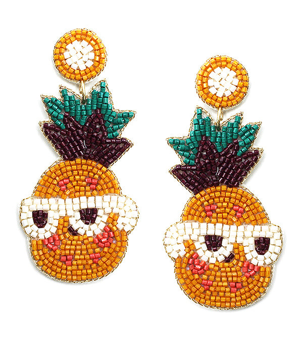 HANDMADE MULTI SEEDBEAD TROPICAL FRUIT THEME EARRING - PINEAPPLE