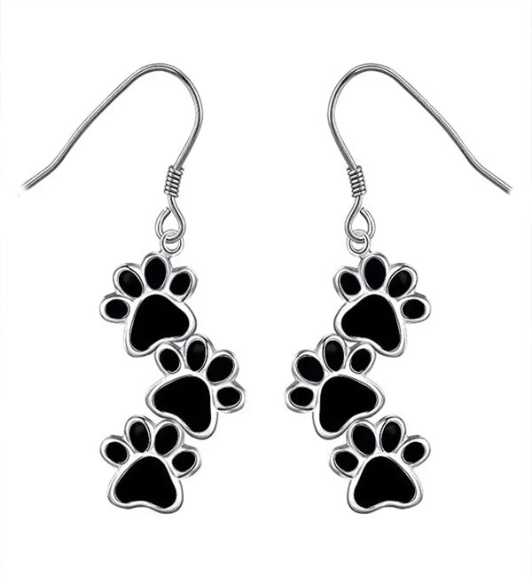 Black Paw Print Earrings with Silver Outlines