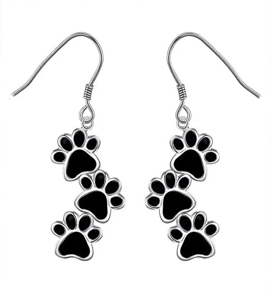 Black Paw Print Earrings with Silver Outlines