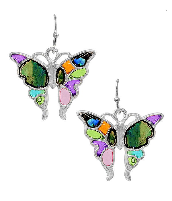 GARDEN THEME STAINED GLASS WINDOW INSPIRED MOSAIC EARRING - BUTTERFLY