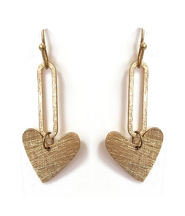 SCRATCH METAL HEART DROP EARRING - BRASS METAL
