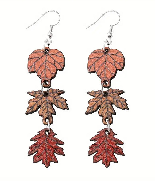 VINTAGE STYLE MAPLE WOOD LEAF DROP EARRING