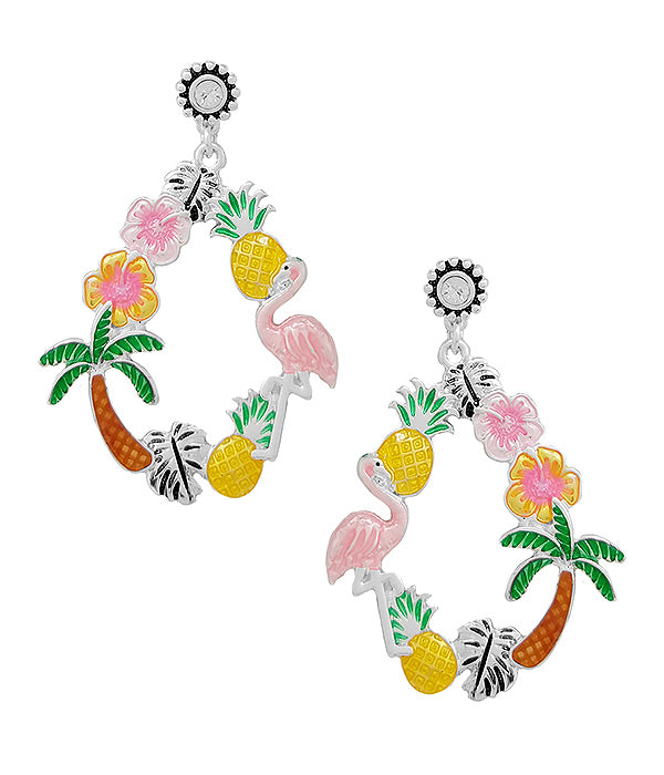 TROPICAL THEME EPOXY EARRING - PALM TREE FLAMINGO