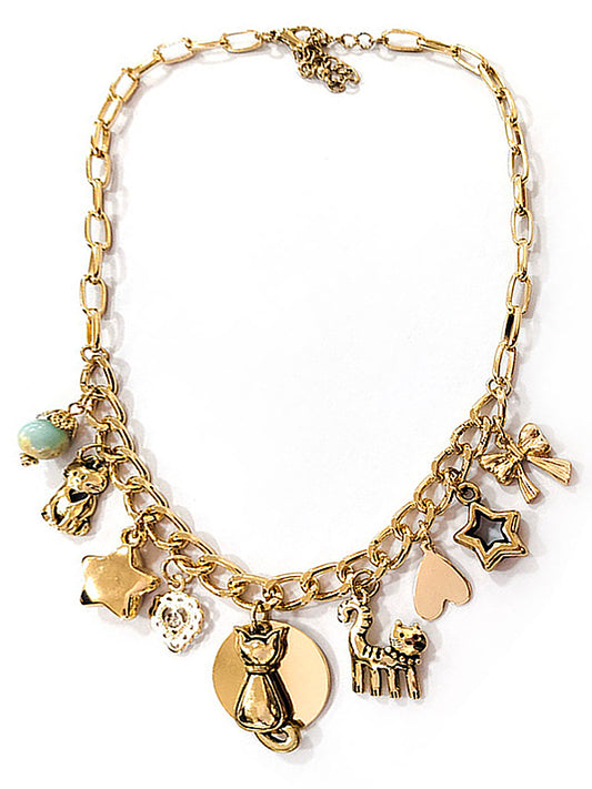 MULTI VINTAGE CHARM DANGLE NECKLACE - CAT STAR