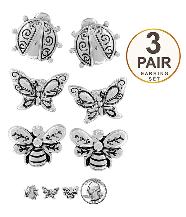 GARDEN THEME 3 PAIR EARRING SET - BUTTERFLY BEE LADYBUG