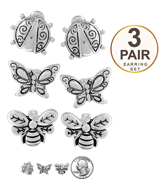 GARDEN THEME 3 PAIR EARRING SET - BUTTERFLY BEE LADYBUG