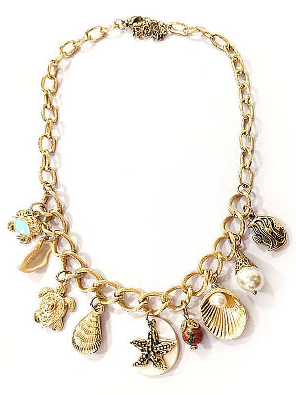 MULTI VINTAGE CHARM DANGLE NECKLACE - TURTLE STARFISH CRAB SHELL
