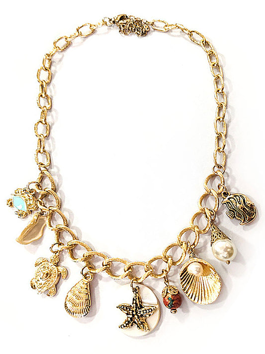 MULTI VINTAGE CHARM DANGLE NECKLACE - TURTLE STARFISH CRAB SHELL