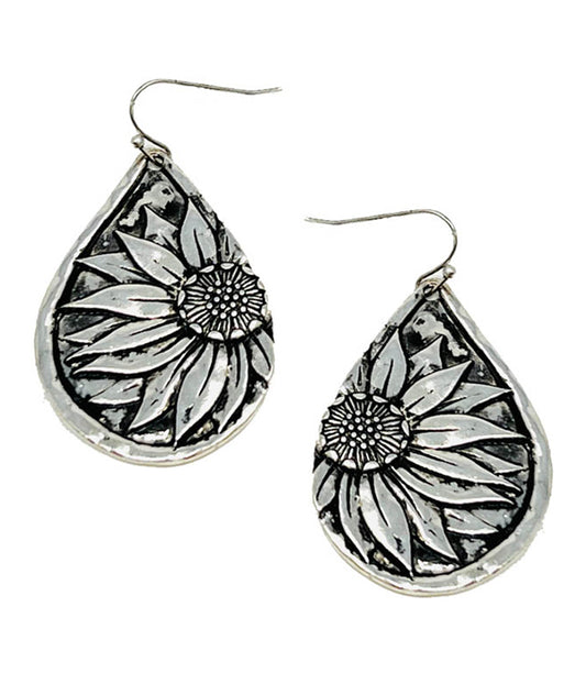 VINTAGE METAL SUNFLOWER TEARDROP EARRING