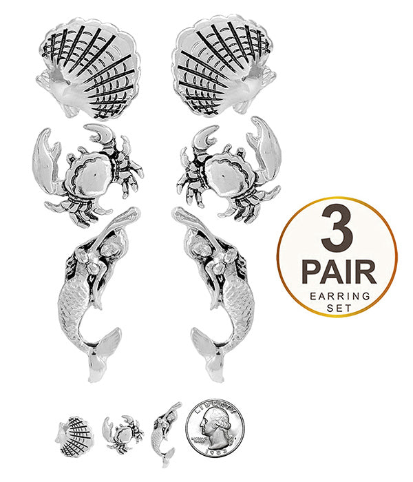 SEALIFE THEME 3 PAIR EARRING SET - SHELL CRAB MERMAID