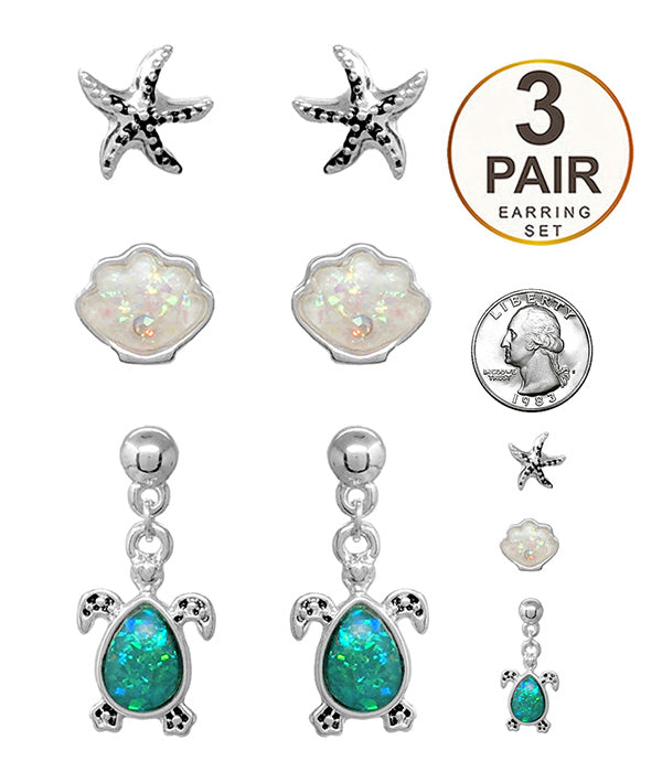 SEALIFE THEME 3 PAIR OPAL EARRING SET - TURTLE STARFISH SHELL