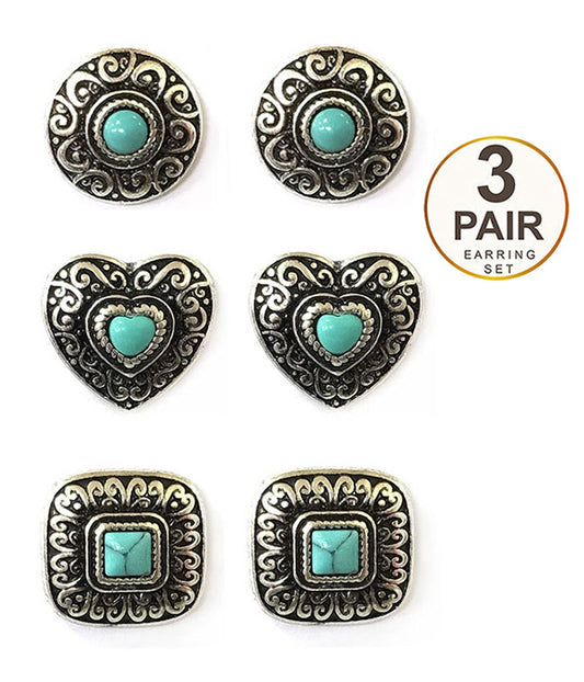 TURQUOISE CENTER 3 PAIR EARRING SET