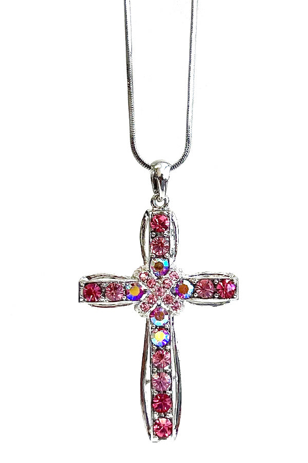 MADE IN KOREA WHITEGOLD PLATING CRYSTAL STUD CROSS PENDANT NECKLACE