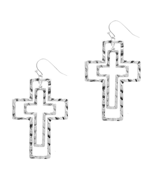 DOUBLE HAMMERED CROSS DROP EARRING