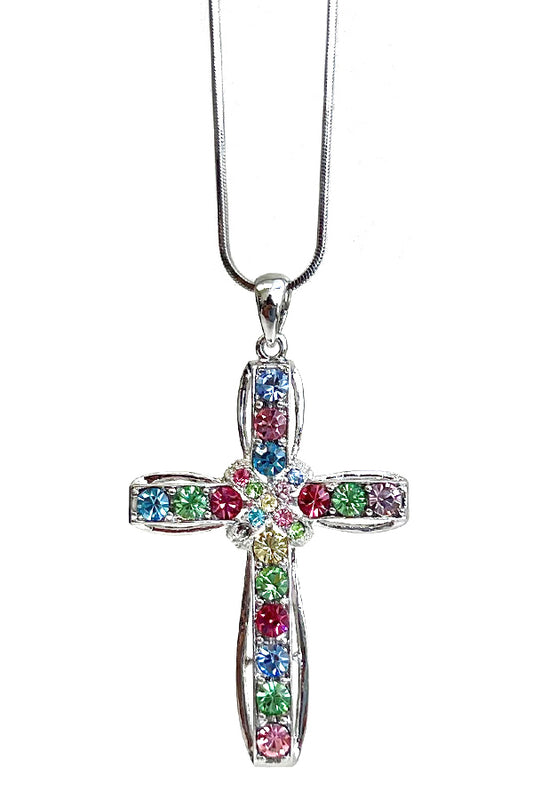 MADE IN KOREA WHITEGOLD PLATING CRYSTAL STUD CROSS PENDANT NECKLACE