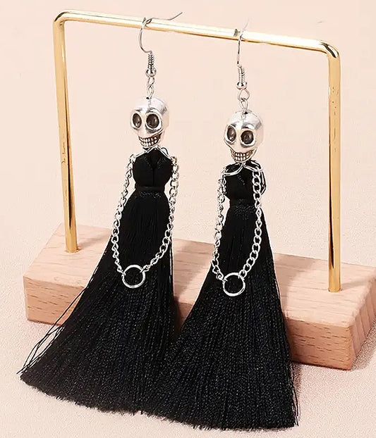 HALLOWEEN THEME HAUNTING SKELETON SKULL BRIDE TASSEL DROP EARRING