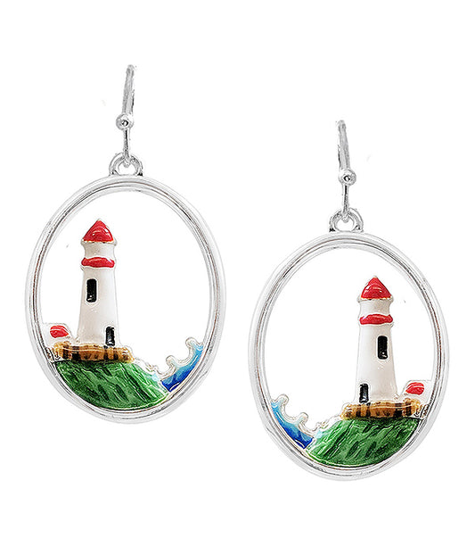 NAUTICAL THEME EPOXY OVAL EARRING - LIGHTHOUSE