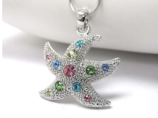 MADE IN KOREA WHITEGOLD PLATING CRYSTAL STUD STARFISH PENDANT NECKLACE