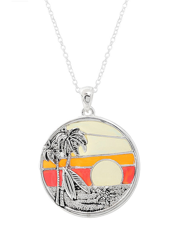 TROPICAL THEME STAINED GLASS WINDOW INSPIRED MOSAIC PENDANT NECKLACE - PALM TREE AND SUNSET