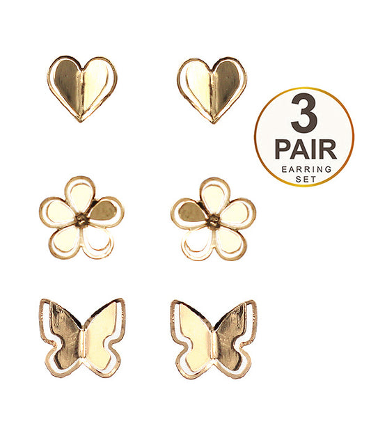 GARDEN THEME 3 PAIR EARRING SET - BUTTERFLY FLOWER AND HEART