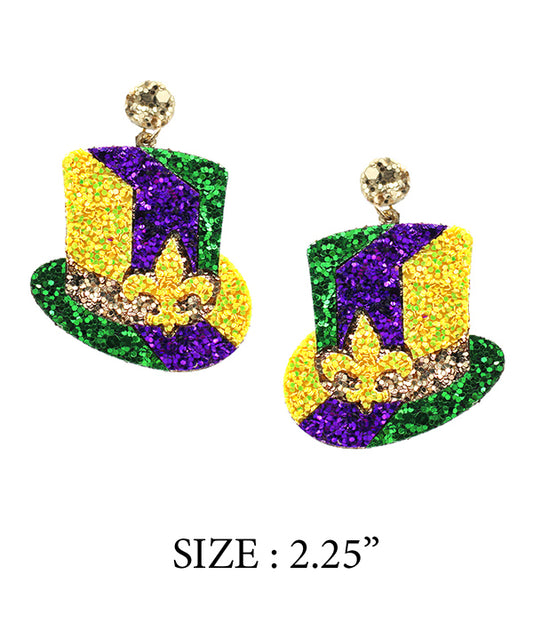 MARDI GRAS THEME GLITTERING EARRING - HAT